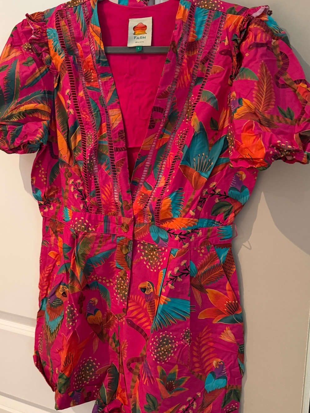 Farm Rio Pink Macaw Party Organic Cotton Romper Size L Excellent Condition View 4